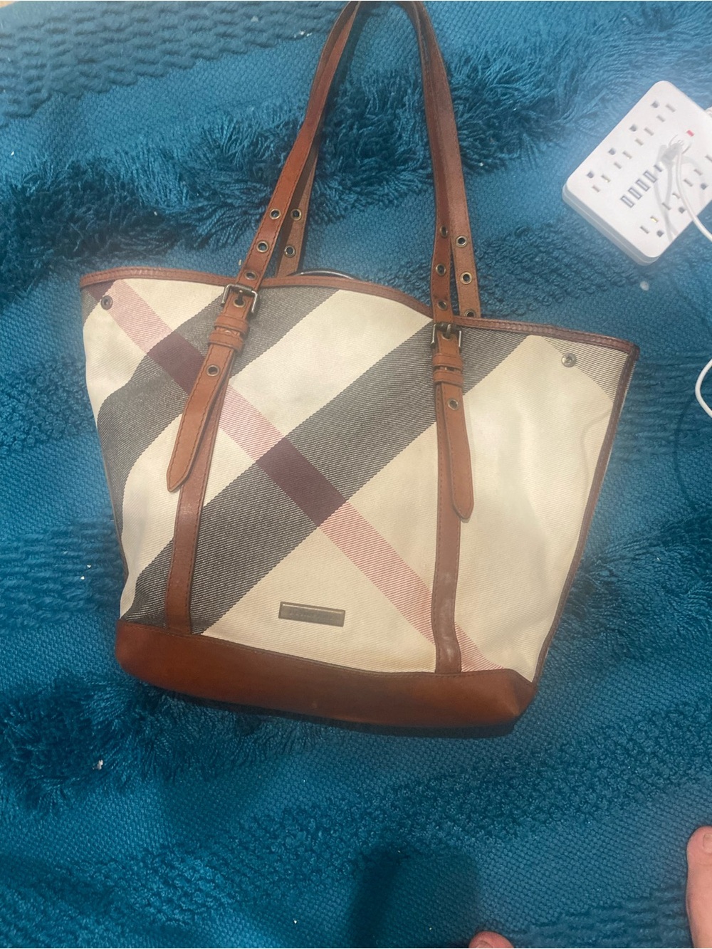 Burberry Beige Canvas Check Tote with Brown Leather Trim